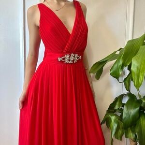 Red Pleated Maxi Dress with Silver Embellished Belt
